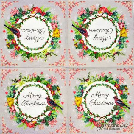 Serwetka do decoupage firmy AMBIENTE wianek Merry Christmas 33x33cm